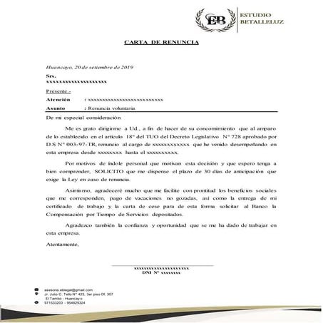 Modelo de carta de renuncia