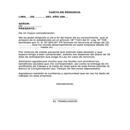 Modelo de carta de renuncia o retiro voluntario