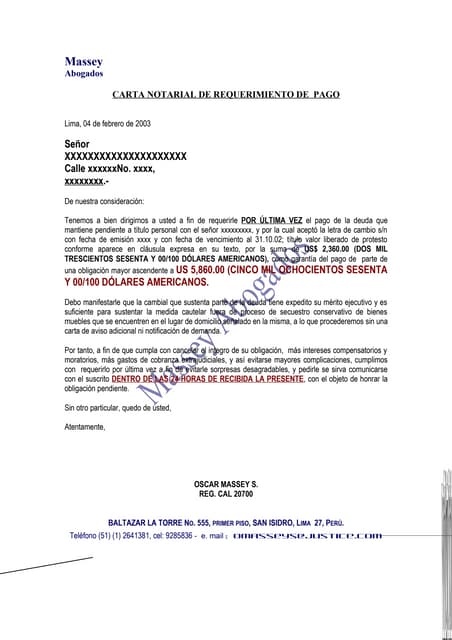 Carta Notarial Requerimiento Pago