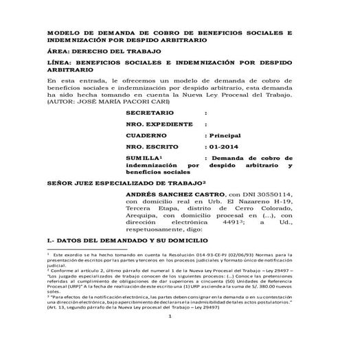 MODELO DE DEMANDA DE COBRO DE BENEFICIOS SOCIALES E INDEMNIZACION POR DESPIDO...
