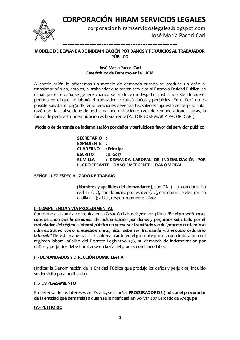 Modelo De Demanda De Indemnizacion Por Danos Y Perjuicios Al Trabajad