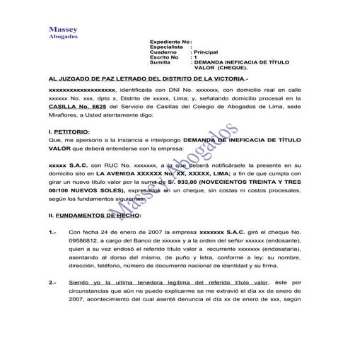 MODELO DE DEMANDA DE INEFICACIA DE TÍTULO  VALOR  (CHEQUE)