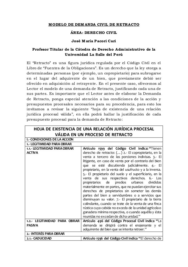 Modelo De Demanda Civil De Retracto