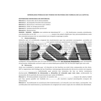 Modelo de Divorcio conforme a la Ley 603 (Código de las Familias)