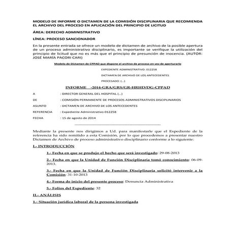 Modelo de informe o dictamen de la comisión disciplinaria que recomienda el a...