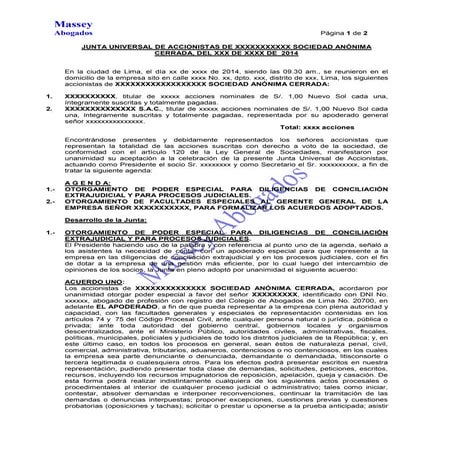 MODELO DE JUNTA UNIVERSAL DE ACCIONISTAS DE OTORGAMIENTO DE PODER ESPECIAL PA...