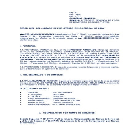 Modelo demanda laboral pago de beneficios sociales 2