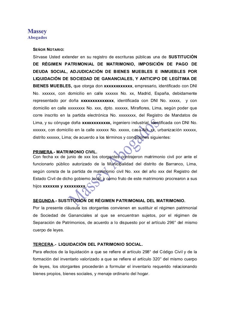 Modelo De Minuta De Sustitucion De Regimen Patrimonial De Matrimonio