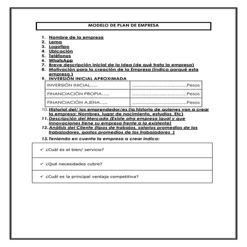 Modelo de plan de empresa grado 10