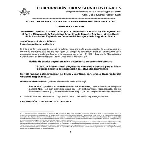 MODELO DE PLIEGO DE RECLAMOS PARA TRABAJADORES ESTATALES - AUTOR JOSÉ MARÍA P...