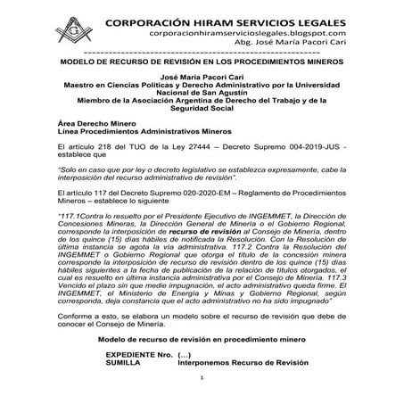 MODELO DE RECURSO DE REVISIÓN EN LOS PROCEDIMIENTOS MINEROS - AUTOR JOSÉ MARÍ...
