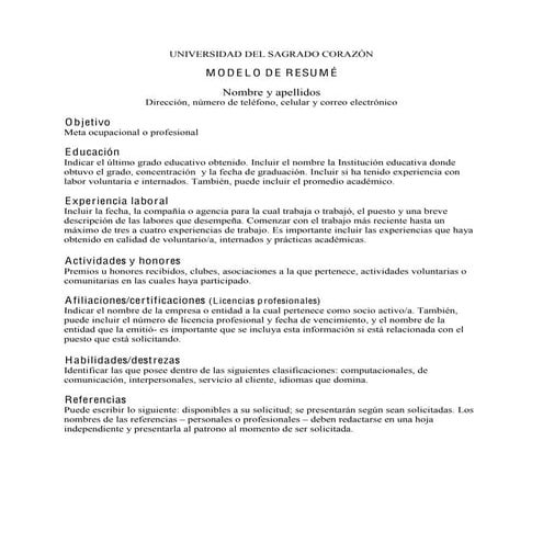 Modelo de resumé en español