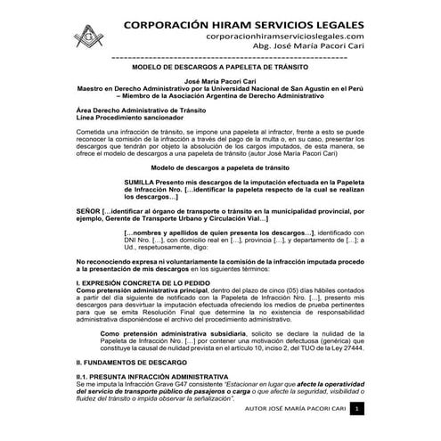 MODELO DESCARGOS A PAPELETA DE TRÁNSITO - AUTOR JOSÉ MARÍA PACORI CARI.pdf