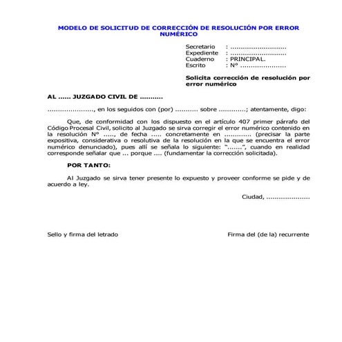 Modelo de solicitud de corrección de resolución por error numérico