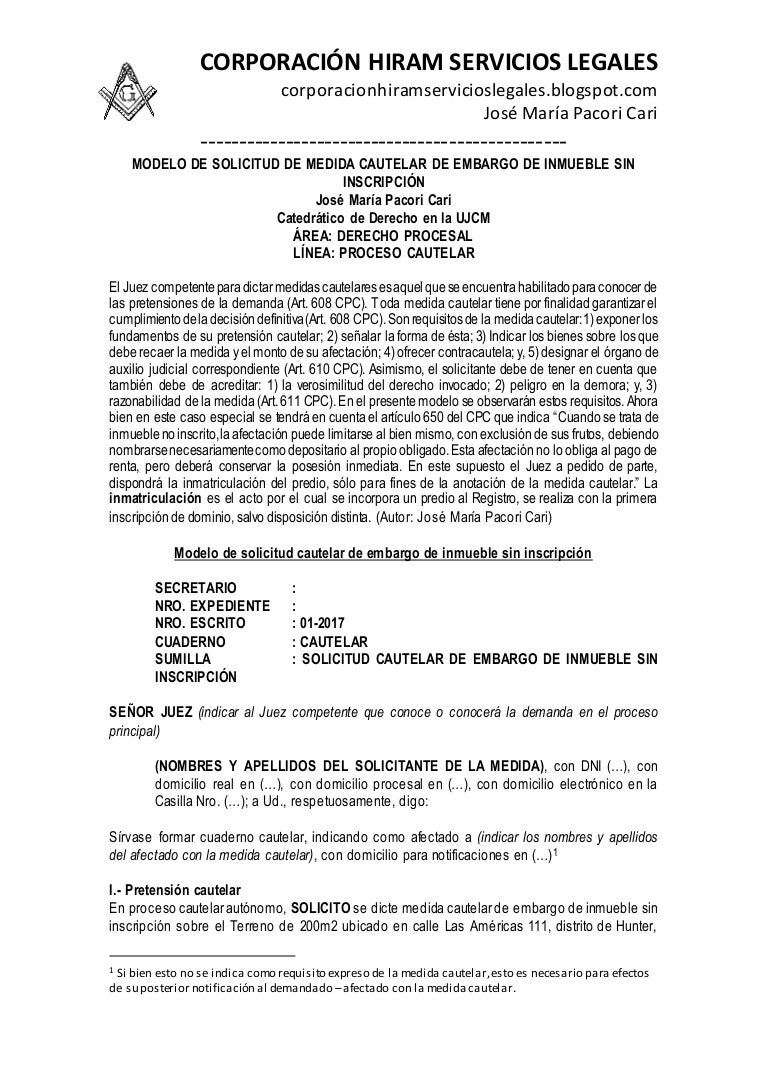 Modelo De Solicitud De Medida Cautelar De Embargo De Inmueble Sin Ins