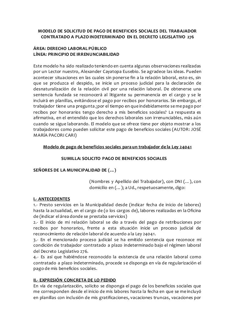 Modelo De Solicitud De Pago De Beneficios Sociales Del Trabajador Con