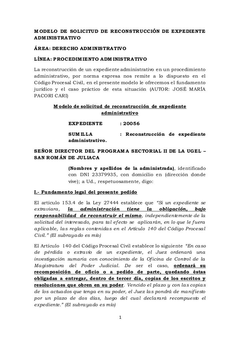Modelo De Solicitud De Reconstruccion De Expediente Administrativo