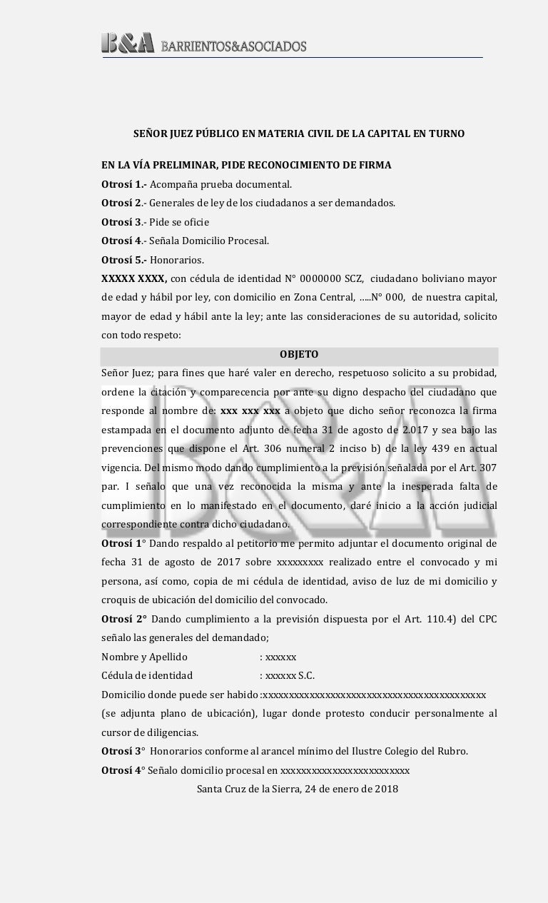 Modelo De Diligencia Preliminar Sobre Reconocimiento De Firma