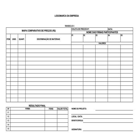 Modelo Mapa Comparativo Precos