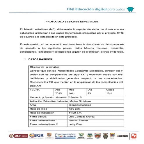 Modelo protocolo sesiones especial necesidades educativas especiales | DOCX