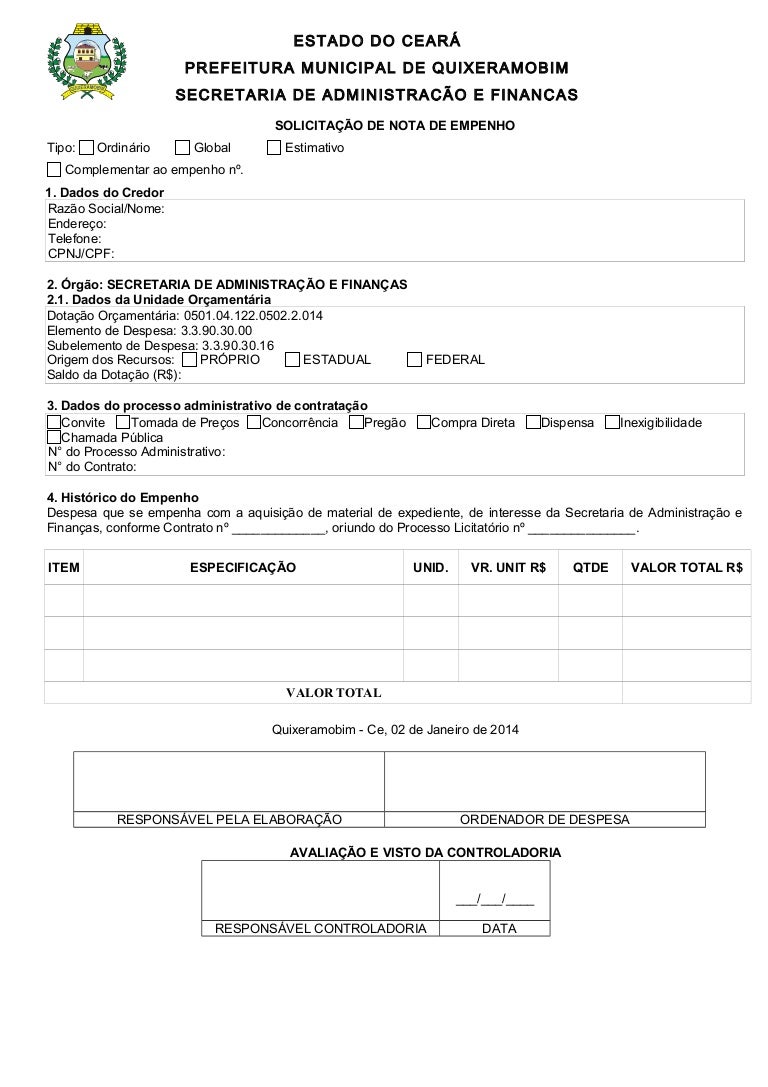 Modelo de Solicitação de Empenho