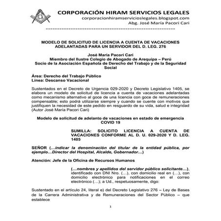 MODELO SOLICITUD ADELANTO VACACIONES EN ESTADO EMERGENCIA COVID 19 - AUTOR JO...