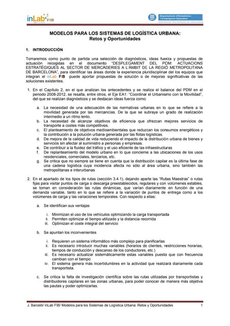 Artículo sobre modelos para los sistemas de logística urbana