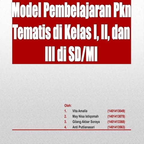 Model Pembelajaran Pkn Tematis di Kelas I, II, dan III di SD/MI