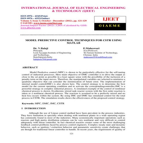 Model predictive control techniques for cstr using matlab
