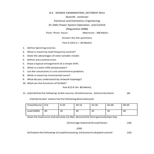 Power system operation Question and answers | PDF