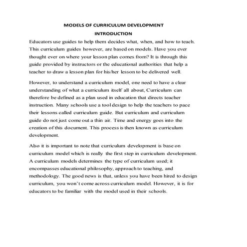 Models of curriculum development by JEROME UTETE