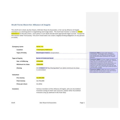 Model Term Sheet For Alliance Of Angels   Final