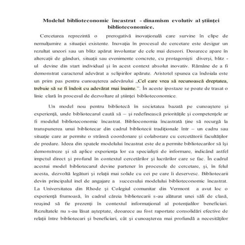 Modelul biblioteconomic încastrat    dinamism evolutiv al ştiinţei biblioteco...