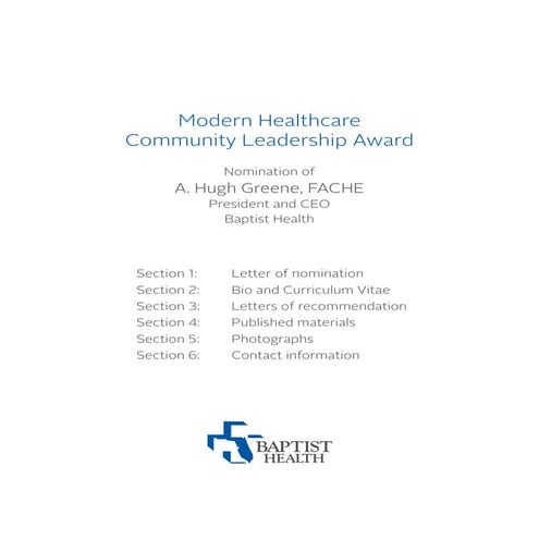 A. Hugh Greene, FACHE, President and CEO, Baptist Health - 2013 Community Leadership Award Nominee