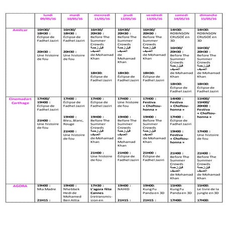 Tableau agenda du 9 au 15