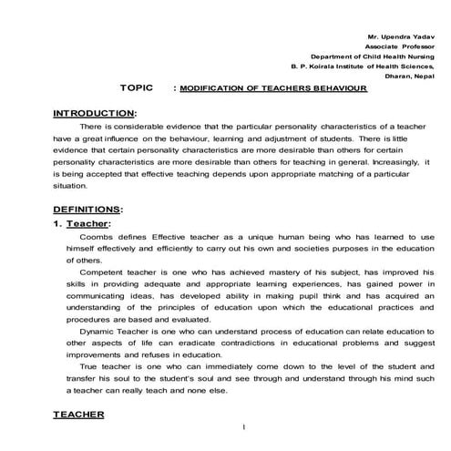 Modification of teachers behaviours