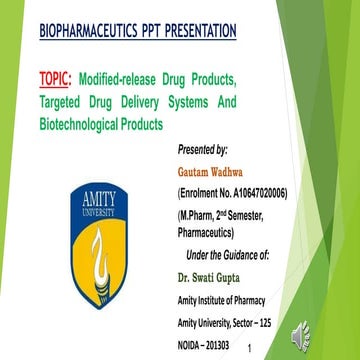 Modified release drug products, Targeted Drug Delivery Systems and Biotechnol...