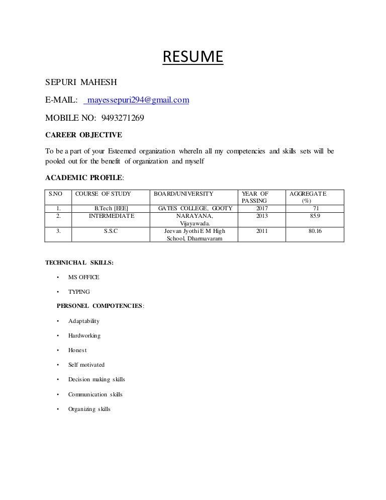 resume model by sepuri model resume for job
