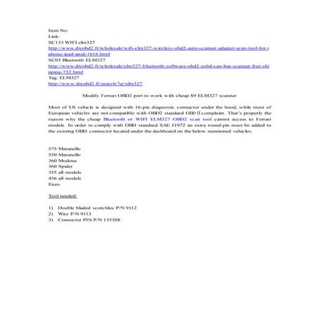 Modify ferrari obd2 port to work with cheap $9 elm327 scanner