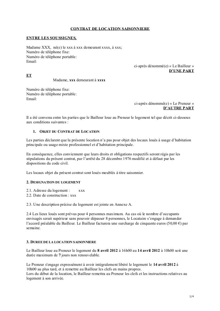 CONTRAT DE LOCATION SAISONNIERE