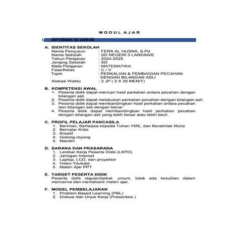MODUL AJAR MATEMATIKA KELAS 5 SD MATERI BILANGAN | PDF