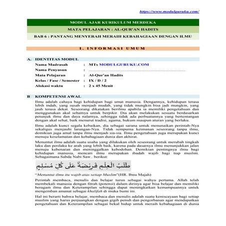Modul Ajar Al-Qur’an Hadis Kelas 9 Fase D Kurikulum Merdeka