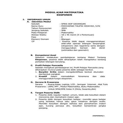 MODUL AJAR MATEMATIKA.Fase E.elemen Eksponen Waktu 2JP. MOCHAMAD TAUFIK HIDAY...