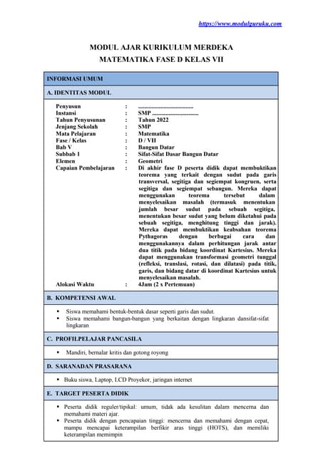 Modul Ajar Matematika Kelas 7 Bab 5 Fase D