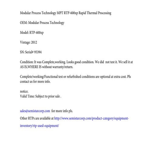 Modular Process Technology MPT RTP-600xp Rapid Thermal Processing ...