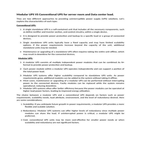 Modular UPS VS Conventional UPS for server room and Data center load