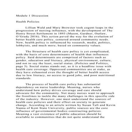 Module 1 DiscussionHealth Policies         Lillian Wald and .docx