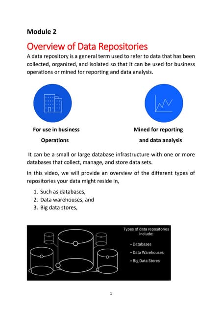 IBM Data Analytics Module 2 Overview of data Repositories.