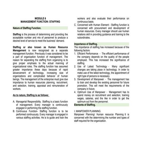 MODULE 6 MANAGEMENT FUNCTION: STAFFING..
