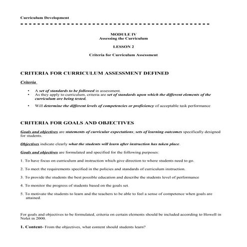 Curriculum Development: Criteria for Curriculum Assessment_Hand-out